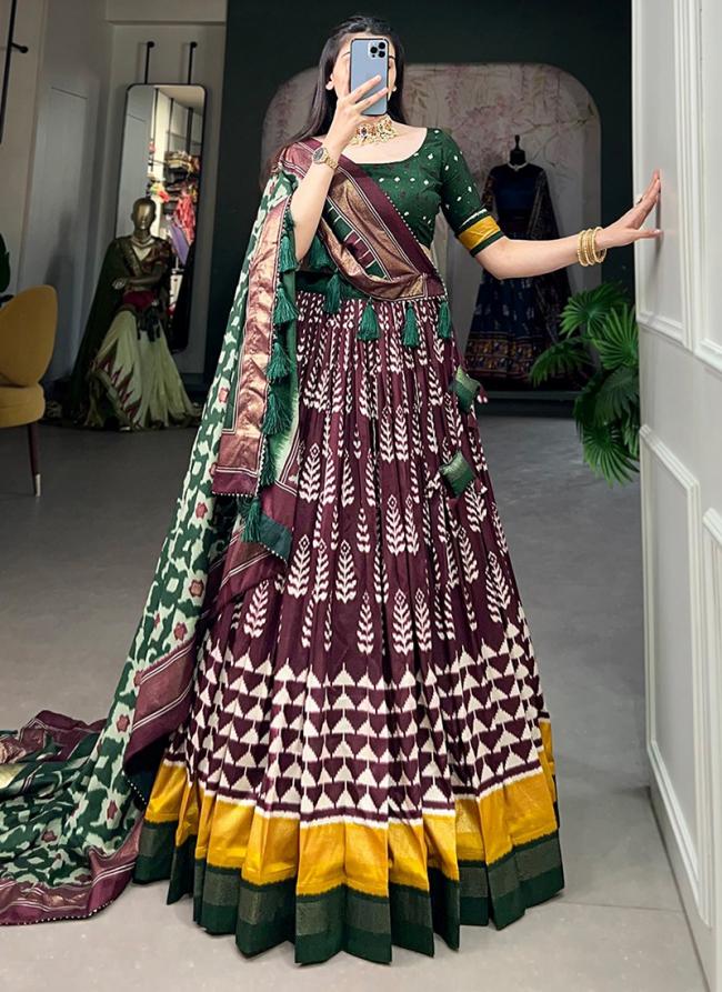 Tussar Silk Wine Traditional Wear Printed Lehenga Choli